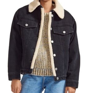 Maje Fur-detailed Black Denim Jacket